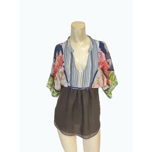 Anthropologie One September Floral Stripe Blouse Blue Multi Tie Back Top Small